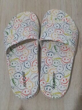 Joe Boxer White Slide Sandals with Multicolor Smiley Faces